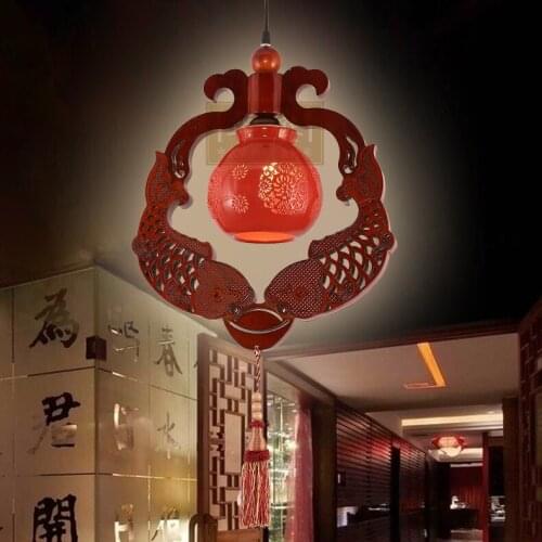 Chinese style wooden small ceramic Pendant Lights carved wood LED art teahouse restaurant lighting lamps droplight LU812269