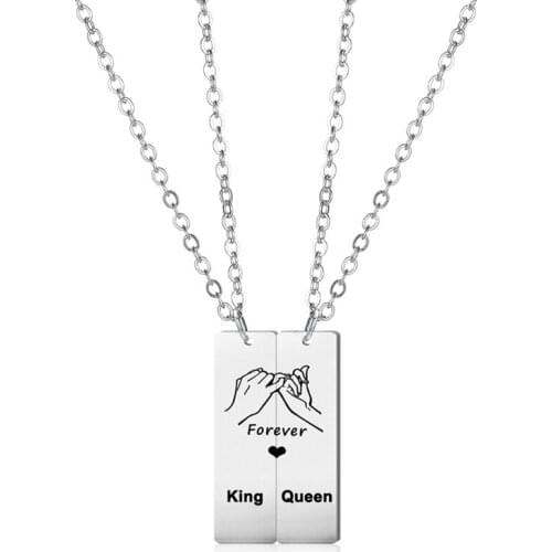 2 Pcs/Set King Queen Love Forever Necklace Rectangle Stainless Steel Pendant Couple Necklaces For Lovers Best Friend Jewelry