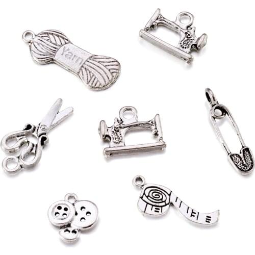 Sewing Knitting Themed Tibetan Style Alloy Pendants, Scissor, Pipe, Safety Pin, Yarn Clew, Button, Sewing Machine Charms, Lead