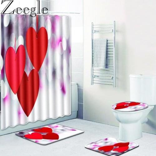 Romantic Bathroom Bath Mat Shower Curtains Anti Slip Bath Floor Mat Toilet Seat Cover Kit Washable Curtain Kit Bathroom Carpet