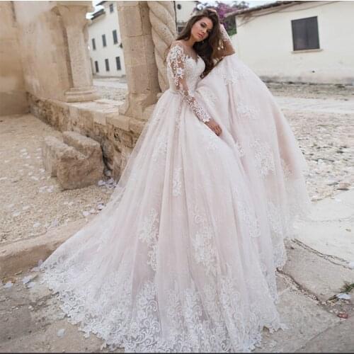 Luxury Wedding Dress O-neck Ball Gown Lace Elegant Applique Strapless Bride Dress Cathedral Train Bridal Gown Plus Size Lace Up