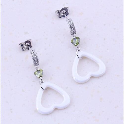 Cute Heart White Ceramic & Green Created Emeridot Silver Color Drop Dangle Earrings For Women Trendy Jewelry B0068