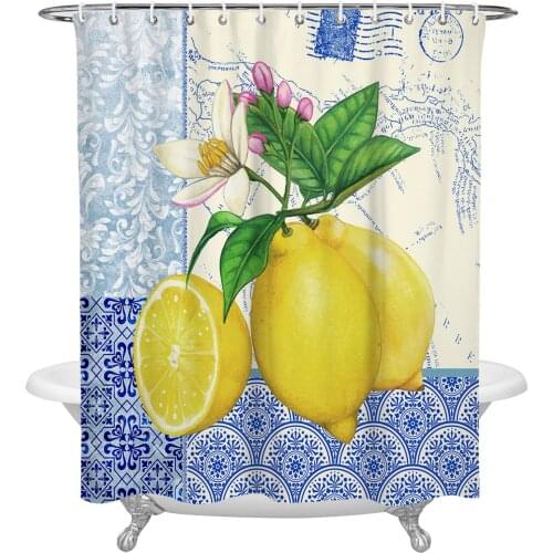 Blue And White Porcelain Texture Map Lemon Shower Curtain Home Bath Decorative Waterproof Polyester Fabric Bathroom Curtain
