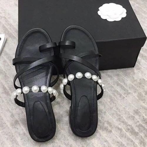 Pearl Decor Slides Women Flip Flop Summer New Design Beach Shoes Cross-tied Hot Genuine Leather Luxury Brand Fashion Shoes Women