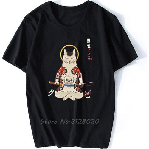 Streetwear Japan Style Ukiyo E Funny Samurai Cat Anime TShirts Mens Short Sleeve T-shirts Hip Hop Tees