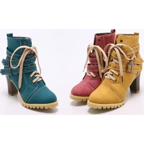 YMECHIC Autumn Ankle Women Boots 2020 Studded Buckle Strap Yellow Blue Lace Up Block High Heel Motorcycle Biker Boots Women 43