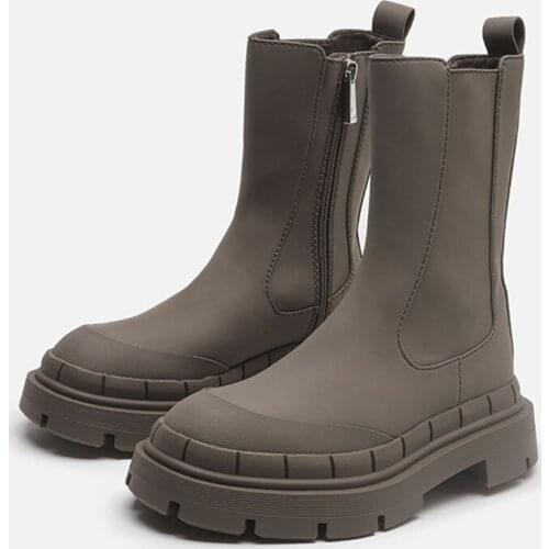 ZA New Womens Ankle Boots Autumn Winter Chelsea Boots Pu Leather Zipper Chunky Heels Platform Fashion Ladies Shoes Long Boots