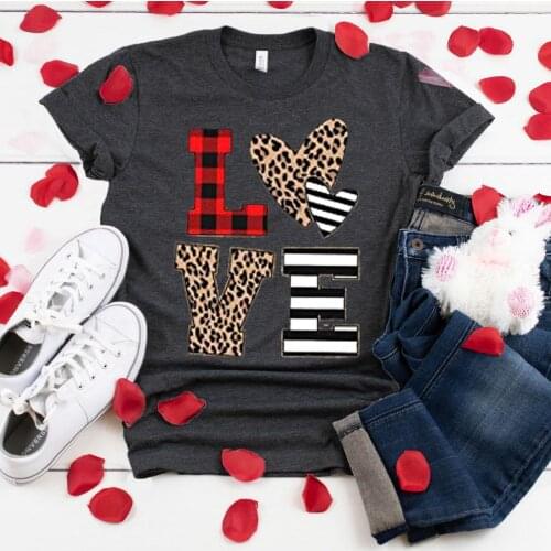 Harajuku Woman Tshirts Leopard Love Print Couple T Shirt Women Short Sleeve Sweet Femme Loose Tee Tops Valentines Day Clothes