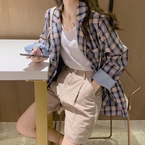 New Suits Female Vintage Autumn Notched Collar Plaid Women Blazer Breasted Jacket Casual Pockets Womens Suits Coat Blazers Suits