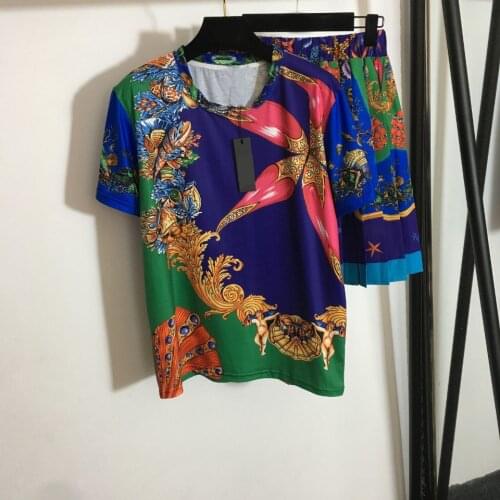 Summer New Designer Womens Skirts Suit High quality fashion print T-shirts+pleated Skirts 2piece Set B775