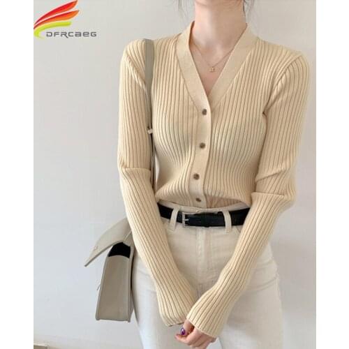 New 2021 Autumn Winter Knit Cardigan Women 5 Colors Single Button V Neck Long Sleeve Top Korean Fashion Rib Knitted Sweater