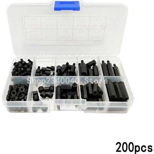 200pcs/set Black/White Hex Nylon Standoff Spacer Column Flat Head Nylon Plastic Spacing Screws Nuts M3*5/10/15/20mm+6