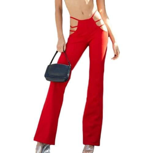 Women Hollow Out Flare Pants Classic High Waist Solid Stretchy Bell Bottom Pants Cross Bandage Fashion Trousers