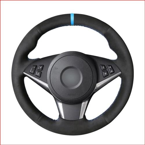 Black Suede Light Blue Marker Steering Wheel Cover for BMW E60 530d 545i 550i E61 2005-2009 / E63 E64 630i 645Ci 650i 2004-2009