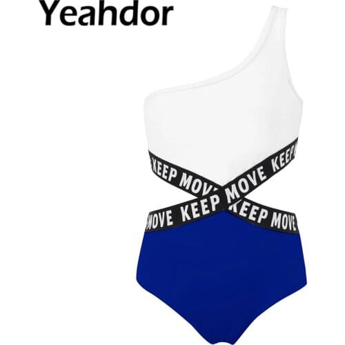 2021 Kids Girls Swimming Jumpsuit Swimwear Single Shoulder Strap Hollow Out Waist Letters Printed Bodysuit Beach Bathing Suit
