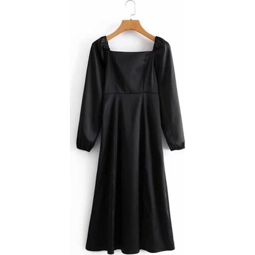 Summer Stain Long Dress Slim Tight Solid Color French Elegent Square Collar Style Sexy Party Evening Dress with Two Sides Split