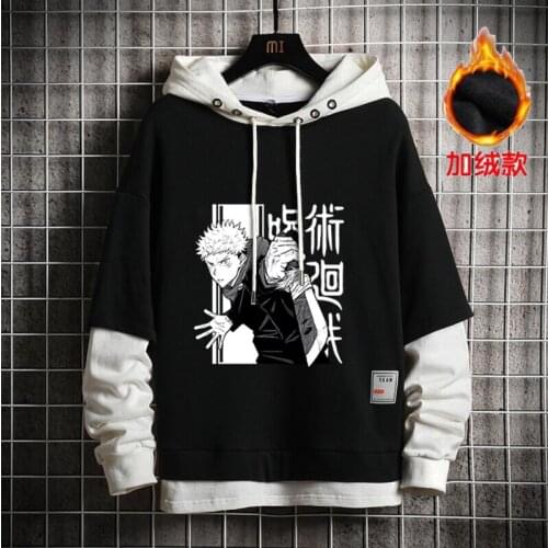 Hot Anime Jujutsu Kaisen Itadori Yuuji Print Fake Two Hoodies Men Japanese ACG Loose Hooded Boy Pullover Student Outer Tops
