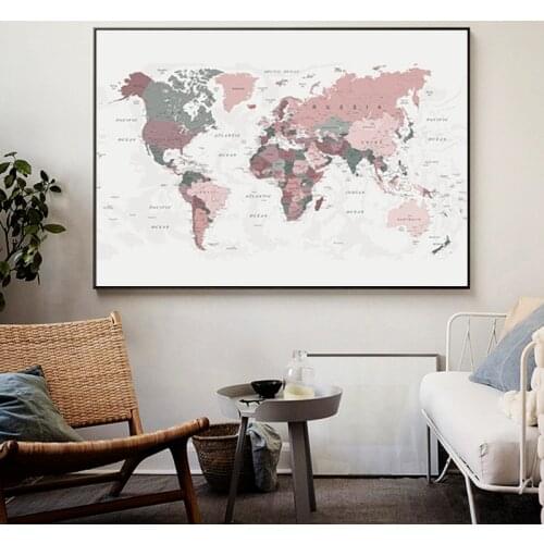 World Map Canvas Print Blush Pink & Hunter Green Map of the World Poster Dorm Decor Modern Wall Art Picture Painting Decoration