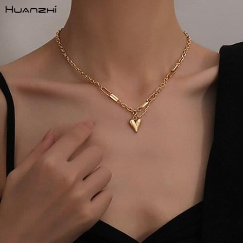HUANZHI 2020 New Titanium Steel Love Heart Clavicle Chain Necklace for Women Gold Color Fashion Female Choker Charm Necklace