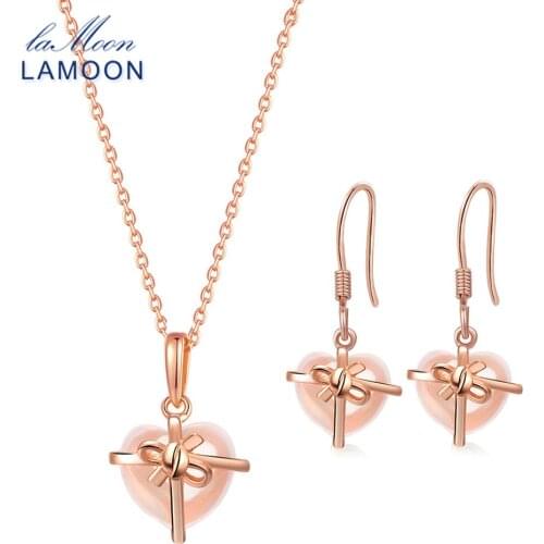 LAMOON Rose Quartz 925 Sterling Silver Sets for Women 2PCS Jewelry Natural Gemstone Lovely Heart Fine Jewelry Set V028-B-6