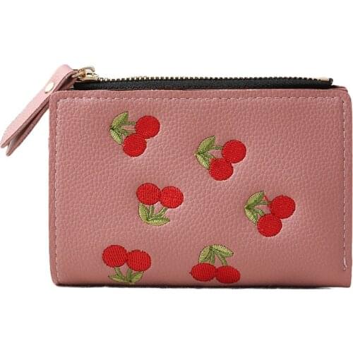 20PCS / LOT Fashion Zipper Short Wallet Women Small PU Leather Cherry Embroidery Coin Purse Card Holder Mini Wallet
