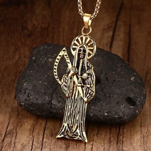 Modyle Mens Necklaces Vintage Punk Skull Death Grim Reaper Skull Scythe Pendant Necklace Halloween Jewelry Gift Gold-color