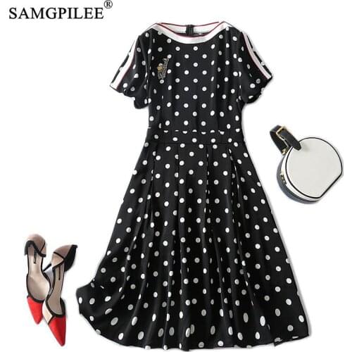 Dresses 2021 New Korean Style Romantic Slash Neck High Waist Slim Classic Polka Dot Drape Short-sleeved Summer Dress Women 4XL