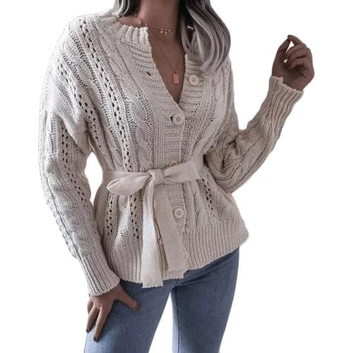 2021 Autumn Winter Knitted Cardigan Elegant Lady Coat Women Long Sleeve Solid Collect Waist Sweater Casual Jacket Outerwear
