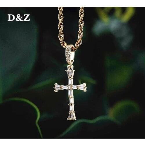 D&Z Iced Zircon Baguette Stones Cross Pendant With 4mm Tennis Chain Mens Hip hop Jewelry Gold Silver Color CZ Pendant Necklace