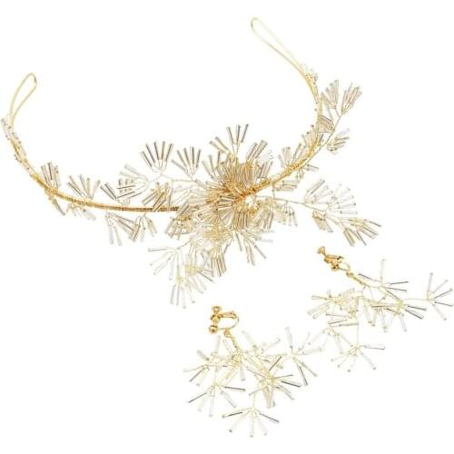 Gold Beaded Crown Hairbands With Earrings Bridal Crowns Wedding Hair Accessories Beaded Flower Headband Girl Party Hair Jewelry