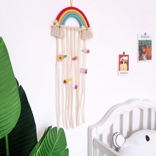 Drop Shipping Decor Nordic Woven Rainbow Childrens Hairpin Hair Accessories Storage Belt Wall Hanging Tiara OrganizerTapestry