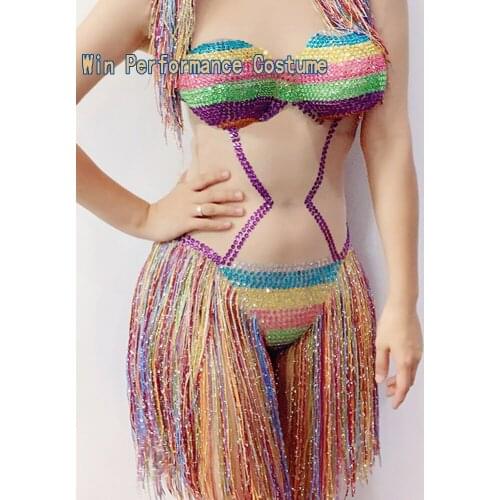 Rainbow Colorful Hula Jumpsuit Sexy Womens Costume Nigthclub Female Singer Show Dance Outfit Rompers Stretch Bodysuit