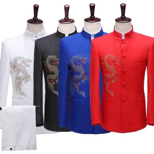 Stage Chinese tunic suit men suit set with pants mens wedding suits singer embroidery Dragon formal dress mens groom suit
