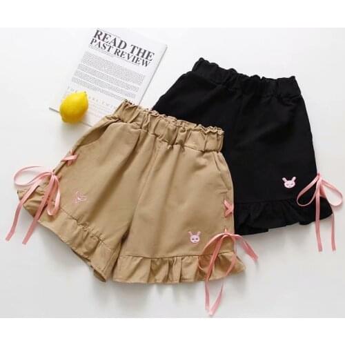 Sweet Rabbit Womens Casual Loose Flare Mini Shorts Elastic Waist Ruffles Cotton Shorts Girl Color Black Khaki Students