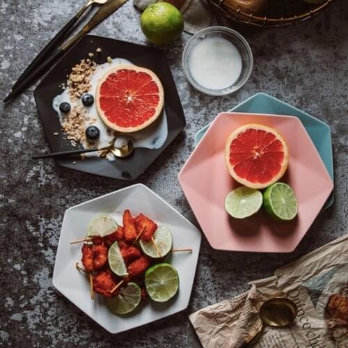 Breakfast Nordic Hexagon Salad Plate Dish Vegetable Fruit Dinner Plates Home Baking Pan Stool with Handle Ceramic Microwave Oven