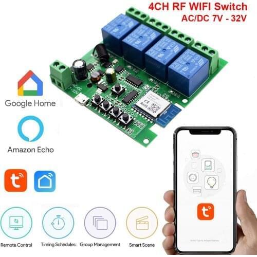 Tuya Smart Remote Control Wifi Wireless Switch Rele Module 1/2/4CH DC 5V 12V 24V Inching Self-Locking RF Receiver 10A Relays
