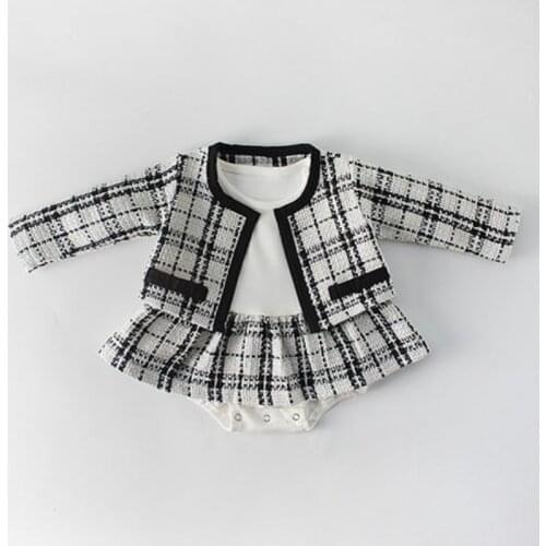 Spring Autumn Infant Baby Girls Clothing Suit Plaid Long Sleeve Cardigan+Dress Rompers Toddler Girls Clothing Sets