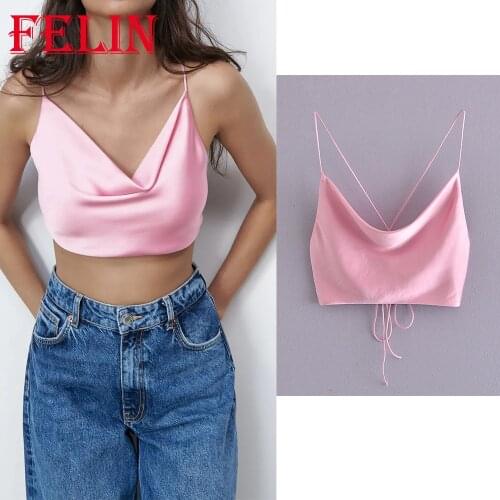 Za Fashion 2021 Sexy Chic Pink Cropped Tops Mujer V Neck Stain Tie Up Backless Cami Tanks Women Sweet Tops