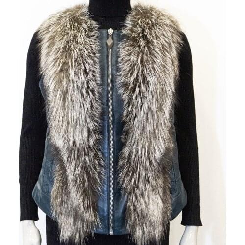 Women Autumn Winter Spring Original Natural Fox Fur Collar Natural Color Genuine Leather Comfortable Famale Sleeveless Vest