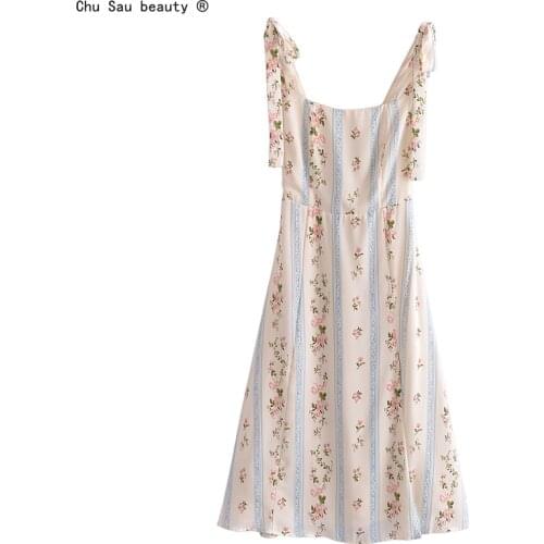 2021 Summer Vintage Prairie Chic Lace-Up Floral Print Spaghetti Strap A-line Side Slit Elastic Dress Zipper Vestido Women