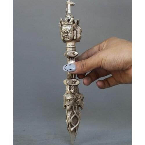 9" Old Tibet Tantra Buddhism Temple Silver Buddha Head Vajra Dorje Phurba dagger