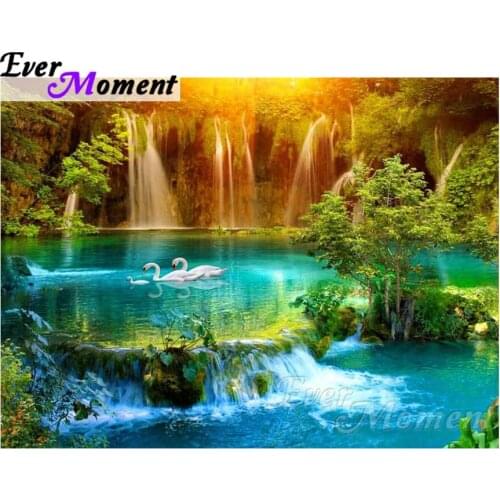 Ever Moment 5D DIY Diamond Painting Cross Stitch Swan Family On River Mosaic Full Square Drills Home Decoration Artwork ASF1130