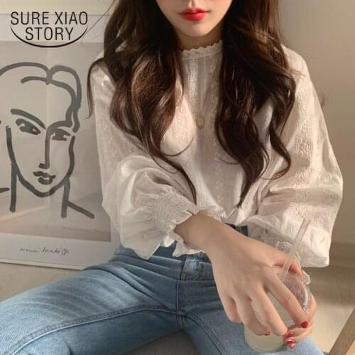 Casual Korean Vintage Elegant Lace Floral Print Women Blouse Lantern Sleeves White Sweet Ladies Shirts Femme Tops Modis 6874 50