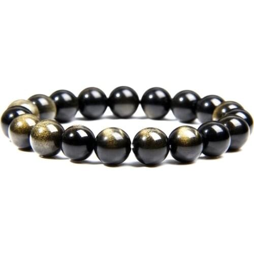 Natural Gold Obsidian Bracelet Men Fashion Jewelry 6 mm 8 mm 10 mm 12 mm Polished Round Stone Beads Bracelet For Women Couples