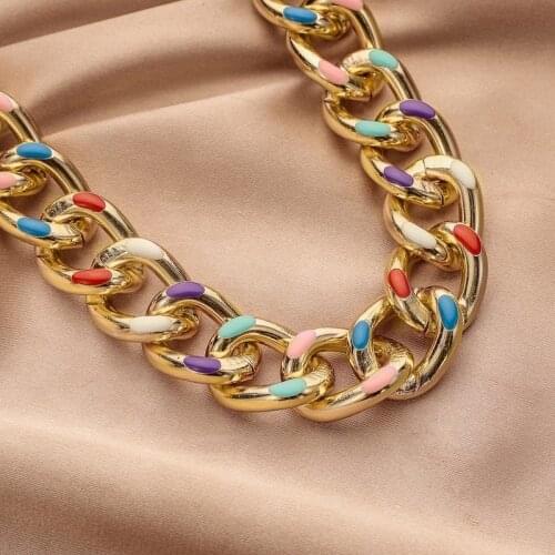 Minar Stylish Rainbow Chunky Cuban Chain Necklace for Women Gold Color Alloy Hollow Curb Chains Chokers Necklaces Pendientes