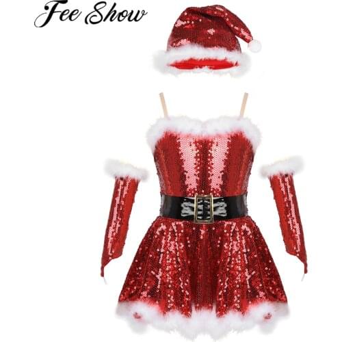 FEESHOW Kids Girls Christmas Santa Feathers Dance Costume Outfit Sequins Figure Ice Skating Ballet Dress with Hat Arm Sleeves