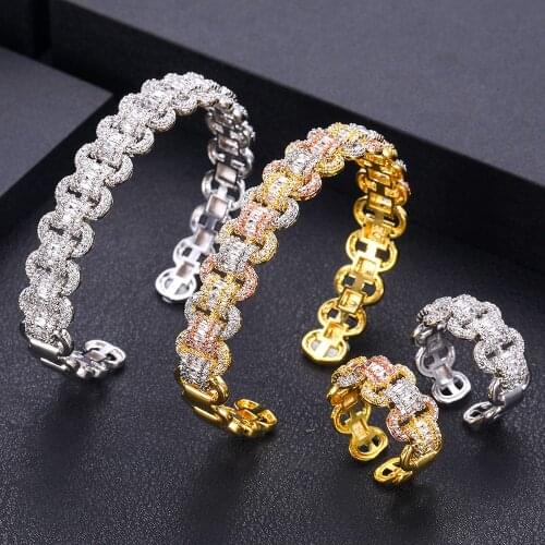 Jankelly luxury Unique African Bangle Ring Set Jewelry Sets For Women Wedding Cubic Zircon Crystal CZ Dubai Bridal Jewelry Set