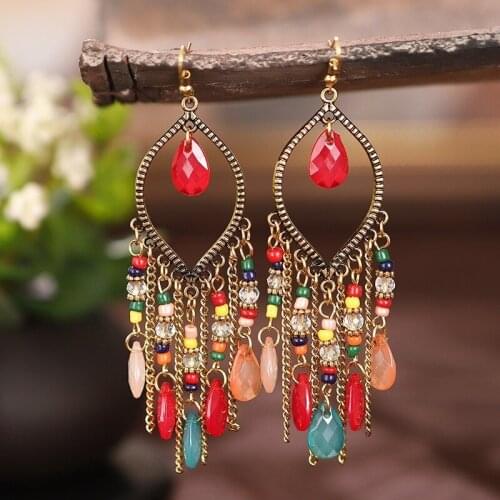 Classic Vintage Womens Colorful Crystal Beads Long Tassel Earrings 2020 Fashion Jewelry Bohemia Wedding Earrings Hangers