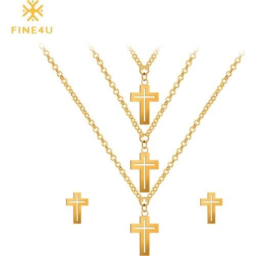 2018 New FINE4U N011 316L Stainless Steel Jewelry Sets For Women Cross Pendant Necklace & Earrings Wedding Jewelry set