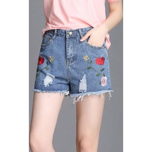 Korean female summer high waist burr fashion worn embroidery wild straight denim shorts distressed casual loose jeans plus size